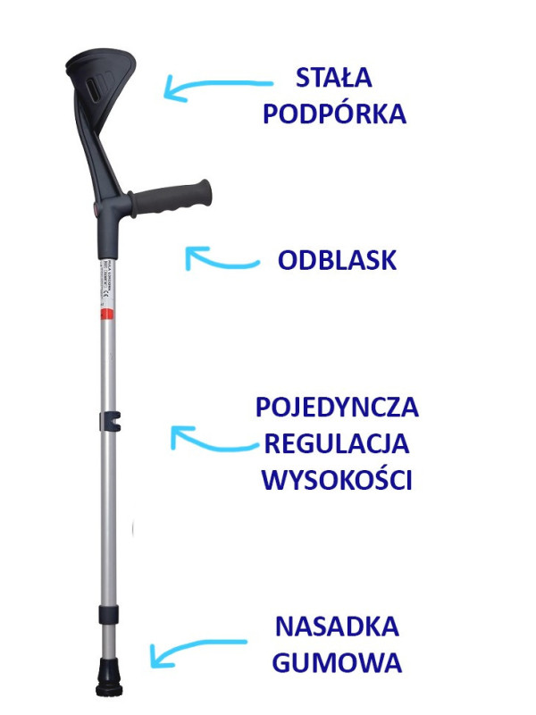 Kula łokciowa 04/MR M Mikirad z pojedynczą regulacją wysokości, stałą podpórką i miękkim uniwersalnym uchwytem