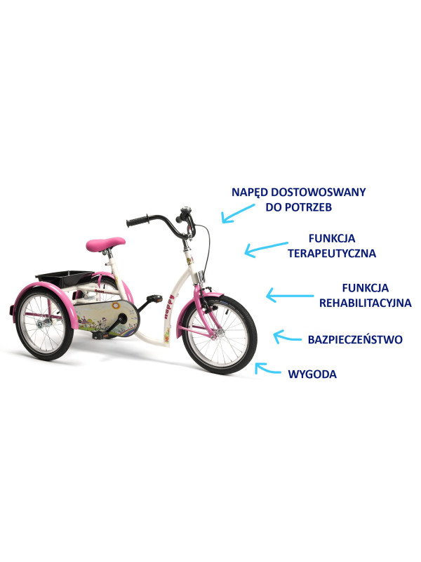 Rower rehabilitacyjny trójkołowy HAPPY dla dziewczynek w wieku 8-13 lat