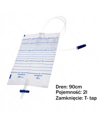 WMD2000-90 Worek do zbiórki moczu sterylny dobowy Zarys 2000 ml z zaworem T i zastawką antyzwrotną