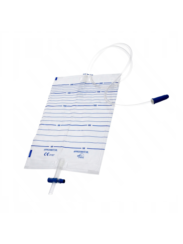 WMD2000-90 Worek do zbiórki moczu sterylny dobowy Zarys 2000 ml z zaworem T i zastawką antyzwrotną
