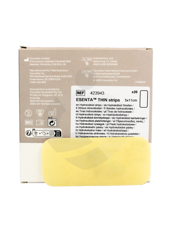 423943 Prosty Pasek Hydrokoloidowy Esenta Convatec 5x11 cm do mocowania płytki stomijnej i opatrunków, wodoodporny i elastyczny