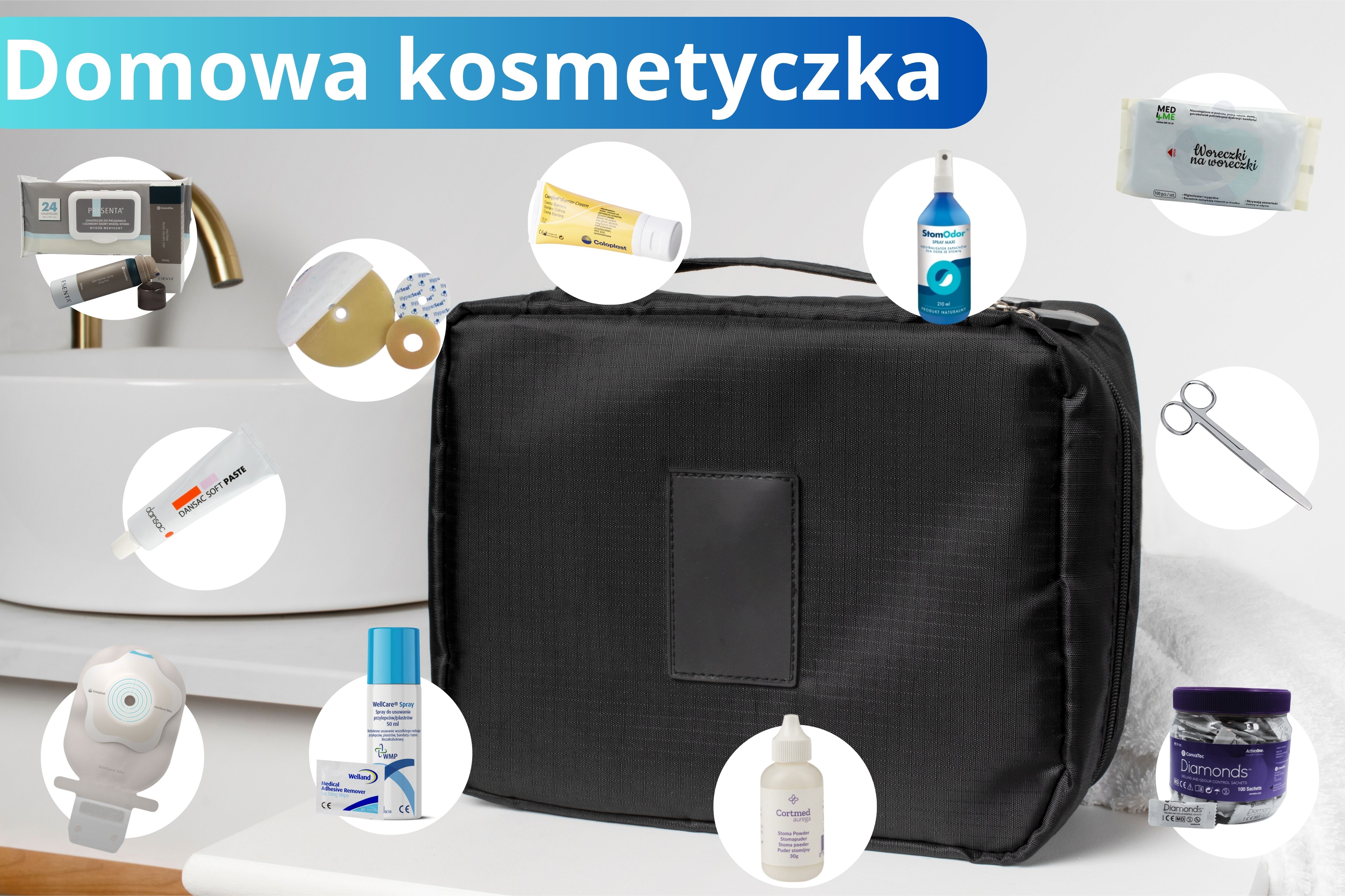 "Kompletna kosmetyczka stomijna do użytku domowego – spray i gaziki do usuwania kleju, bariera ochronna, pasta uszczelniająca, półksiężyce, puder stomijny, krem na odparzenia, neutralizator zapachów, nożyczki stomijne oraz worek na odpady."