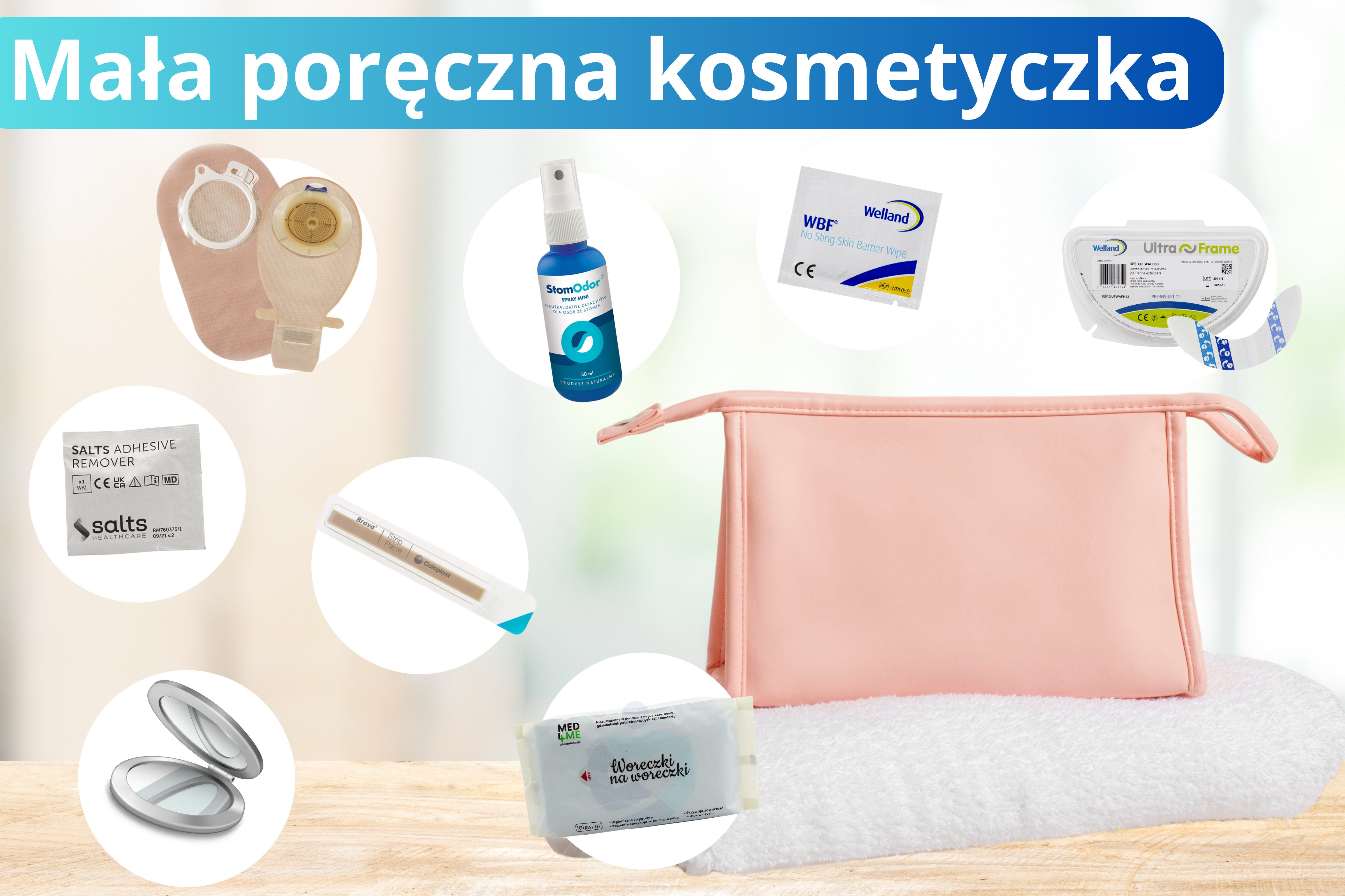 "Zawartość małej podręcznej kosmetyczki stomijnej: zapasowy worek, gaziki do usuwania kleju, bariera ochronna, pasta uszczelniająca, mini lusterko, chusteczki nawilżane, neutralizator zapachów i woreczek na odpady."