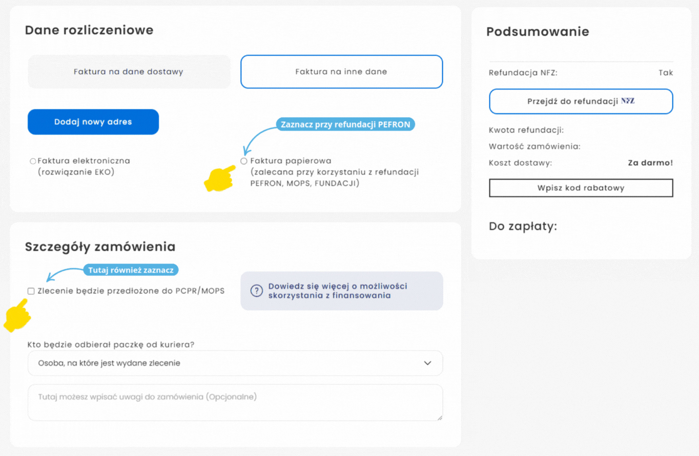 "Grafika przedstawiająca niezbędne etapy w koszyku Ortomedico.pl które należy odznaczyć aby otrzymać odpowiednie dokumenty potrzebne do PFRON" 