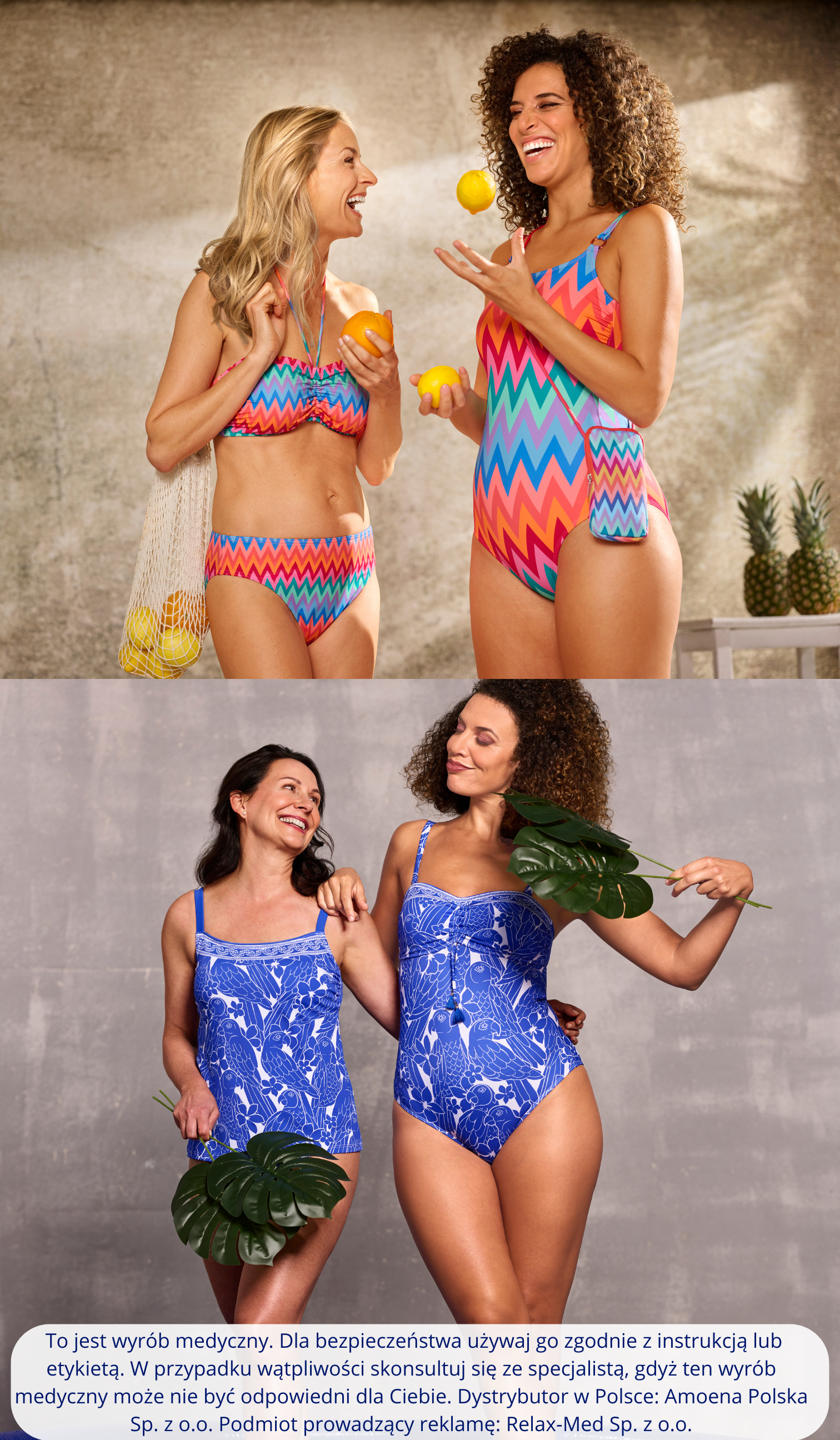 Różne fasony strojów kąpielowych Amoena, prezentowane na sylwetkach.